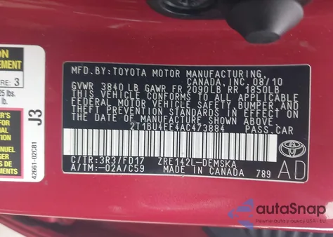 2010 Toyota Corolla S из США, поврежденный, VIN 2T1BU4EE4AC473884